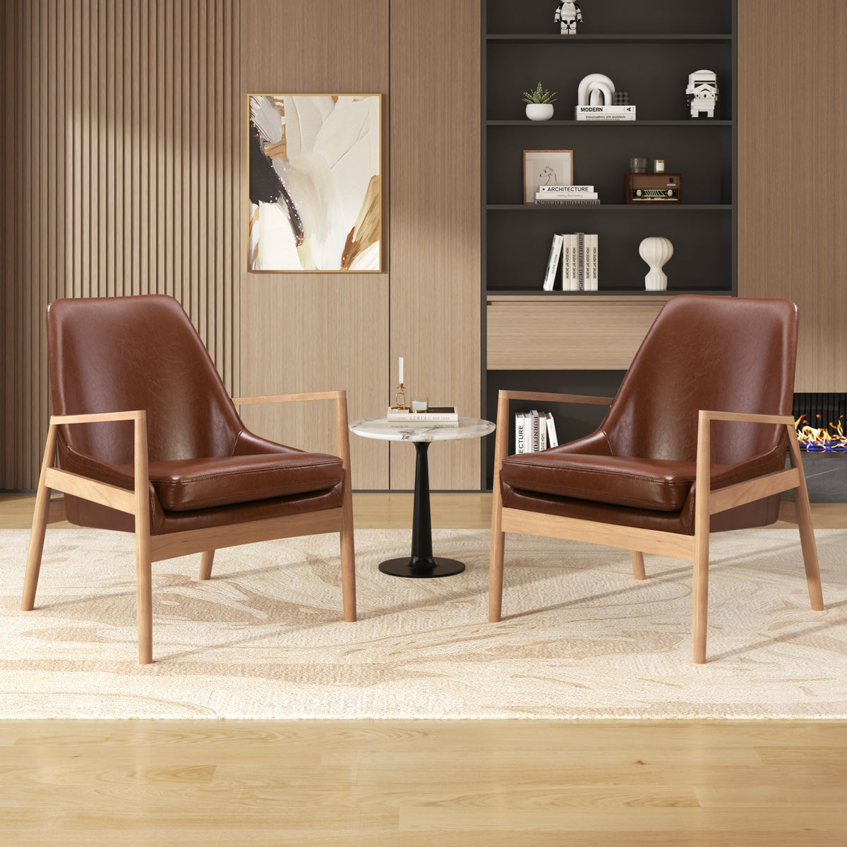 variant-group:rf-n724sj000145aad|Roomfitters PU Leather Mid-Century Accent Chairs with Solid Wood Frame and High Backrest, Set of 2, Brown