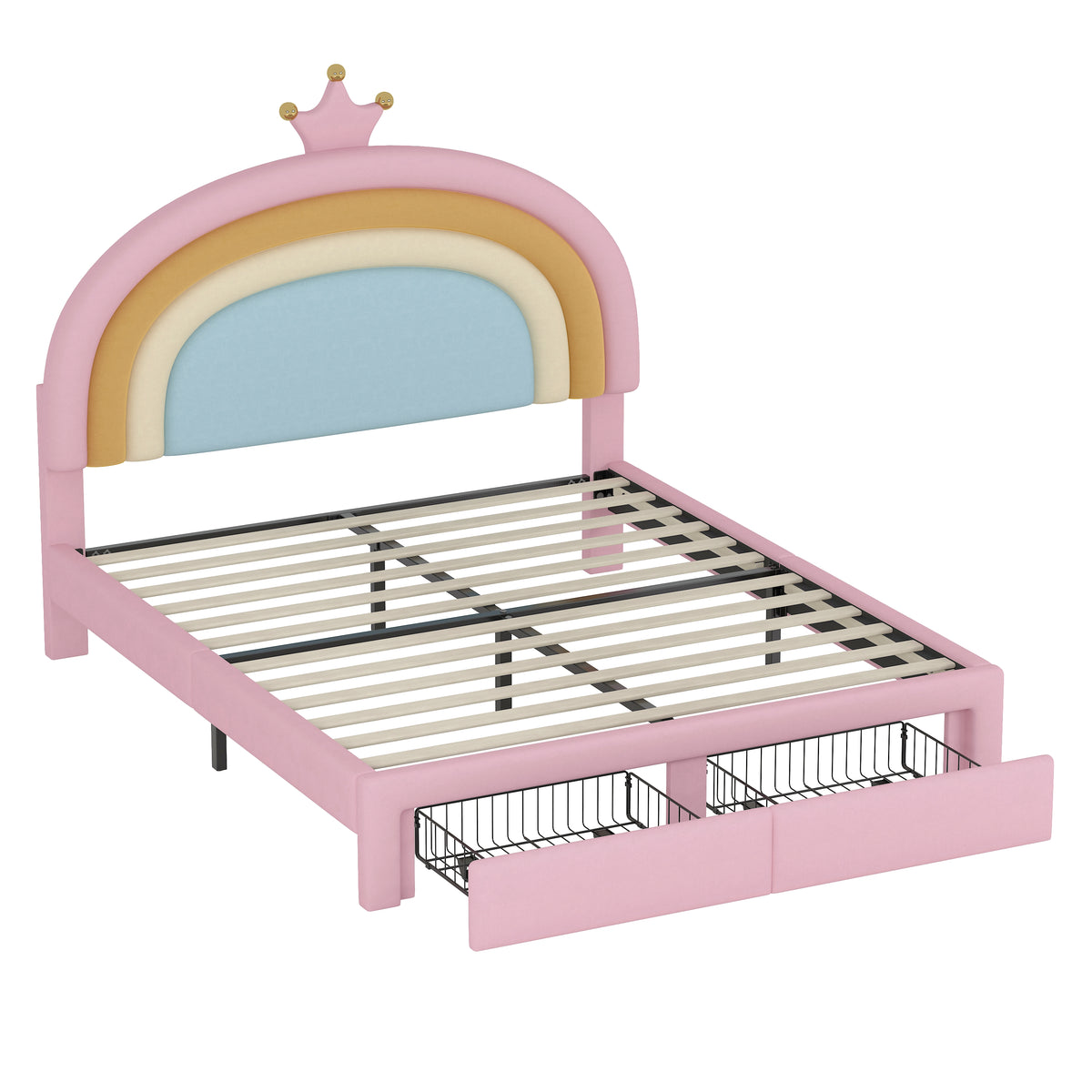 variant-group:rf-n733p234609h|Roomfitters Full Size Upholstered Rainbow Design Bed, Velvet Princess Platform Bed with Storage Drawer, No Box-spring Needed, Colorful & Pink