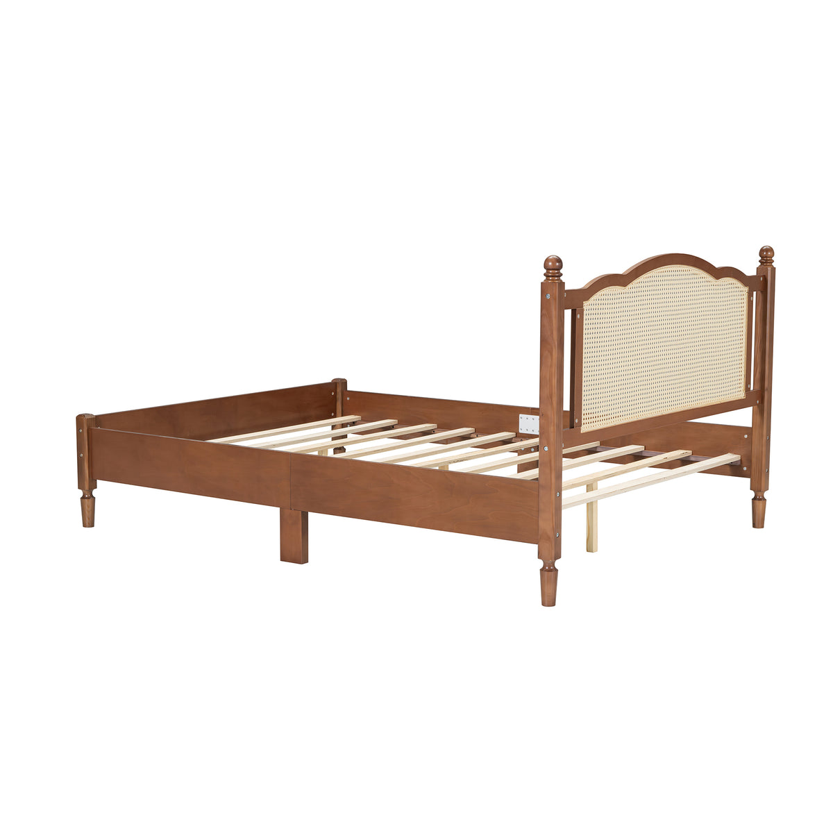 variant-group:rf-n733p180013d|Roomfitters Queen Size Wooden Platform Bed with Natural Rattan Headboard, Stylish Vintage Bed Frame with Durable Wooden Slat Support for a Sophisticated Look, Walnut