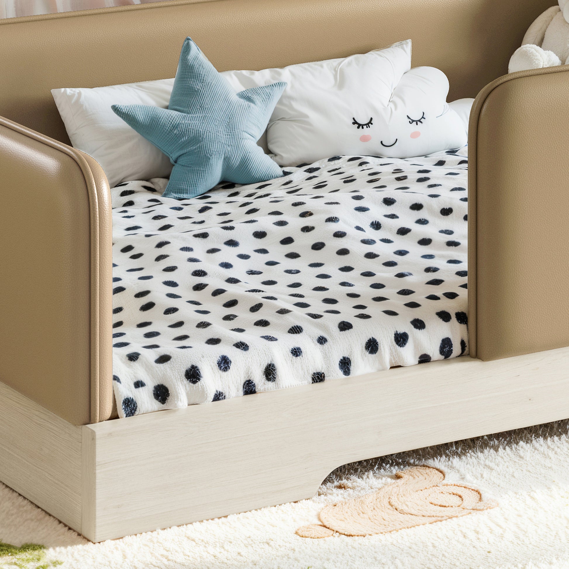 variant-group:rf-w1580p493126|Roomfitters Twin Size Upholstered Floor Bed Frame with Removable Guardrails, Faux Leather Low Profile Platform, Brown