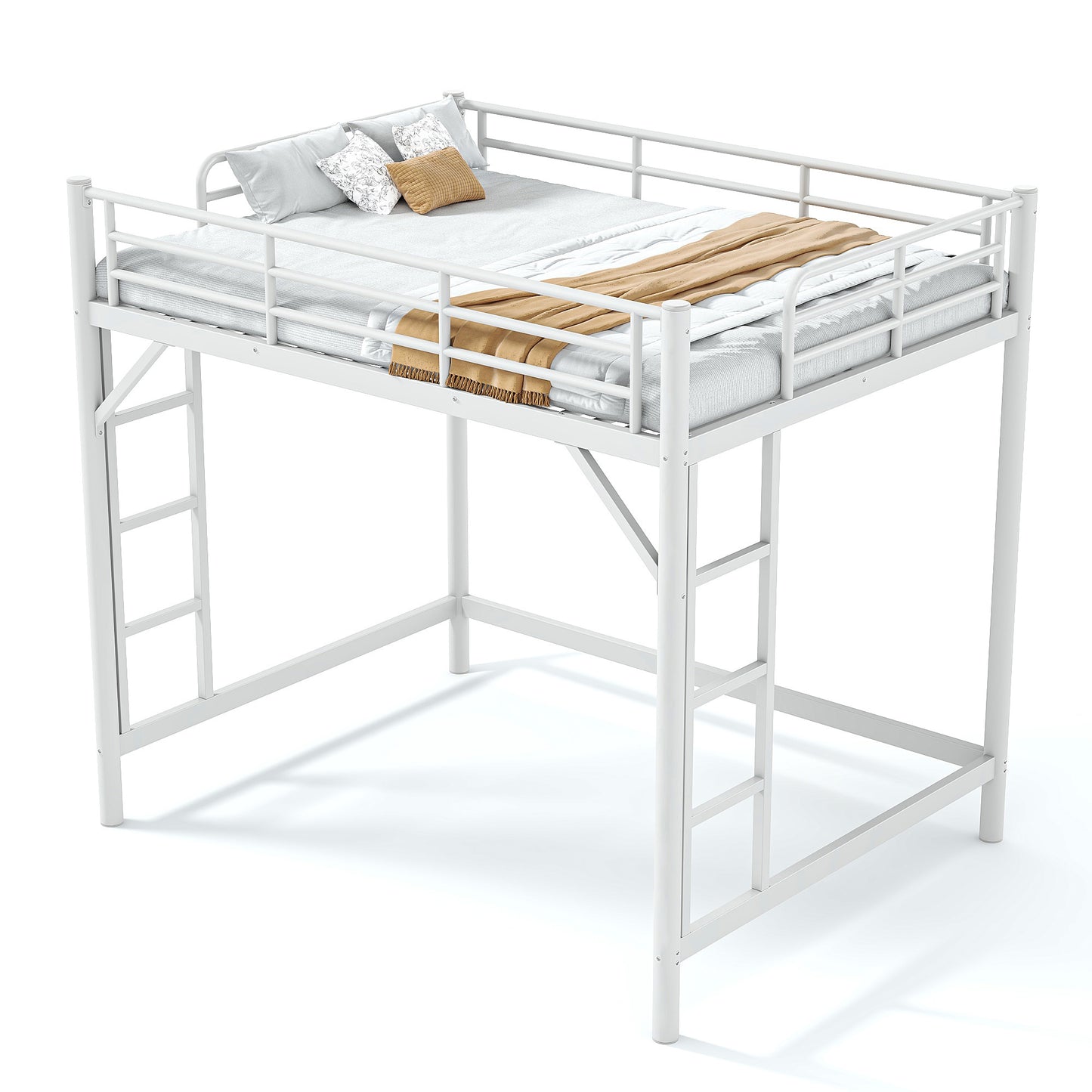 variant-group:rf-w1580p455016|Roomfitters Full Size Metal Loft Bed Frame with Guardrails, Heavy Duty Space Saving High Loft Bed Dual Ladders, White