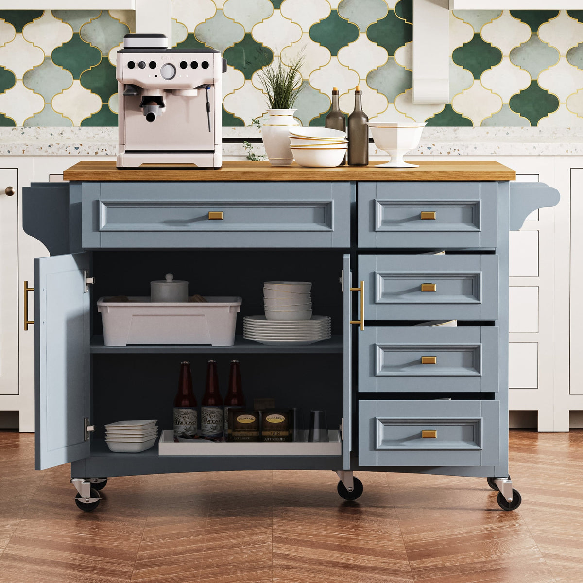 Roomfitters 52" Kitchen Island with Wood Top, 5 Storage Drawers and Cabinet, Mobile Cart with Gold Hardware, Blue-Grey