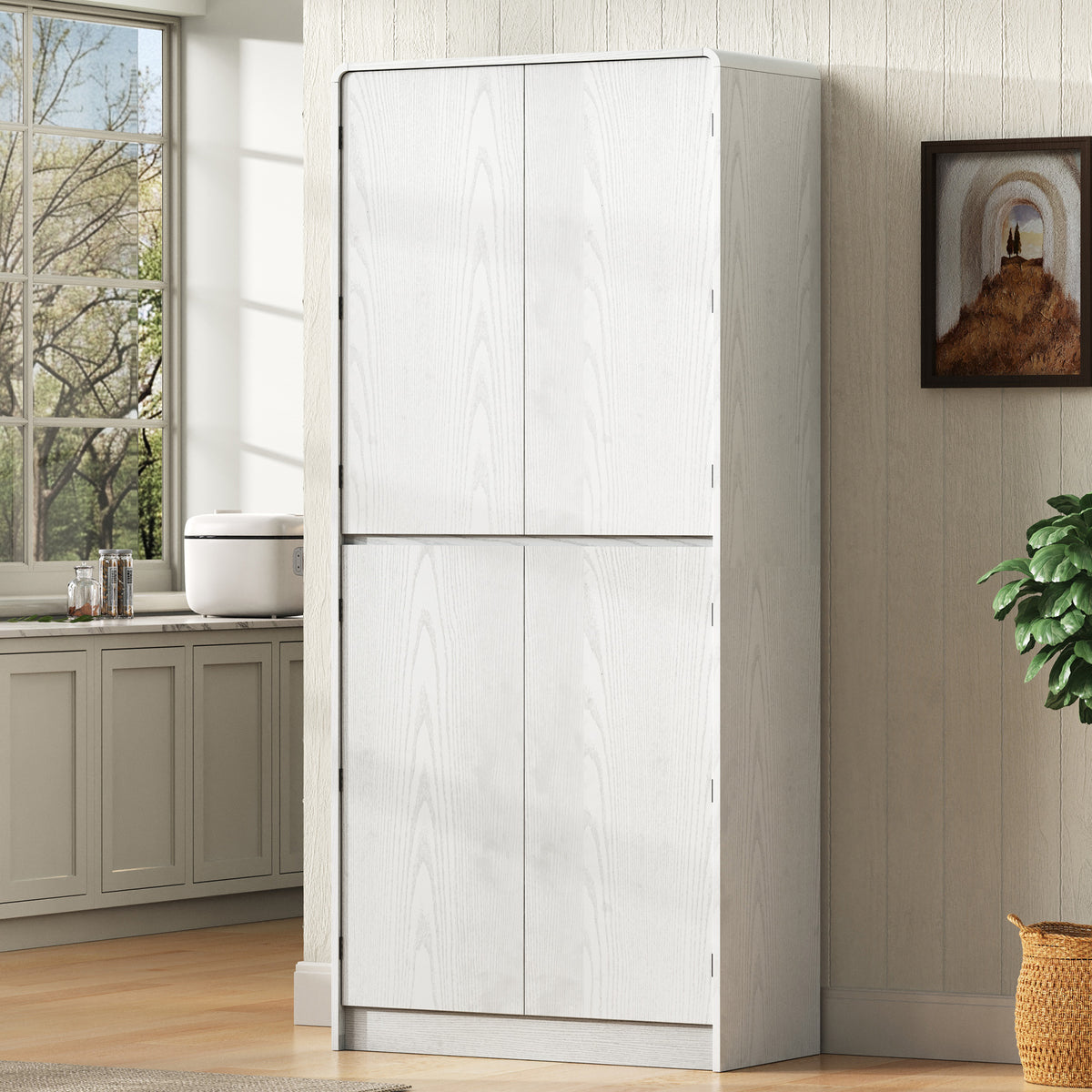 variant-group:rf-n707s000021w|Roomfitters 72" Tall Farmhouse Kitchen Pantry Cabinet with Curved Profile & 8 Door Shelves, White
