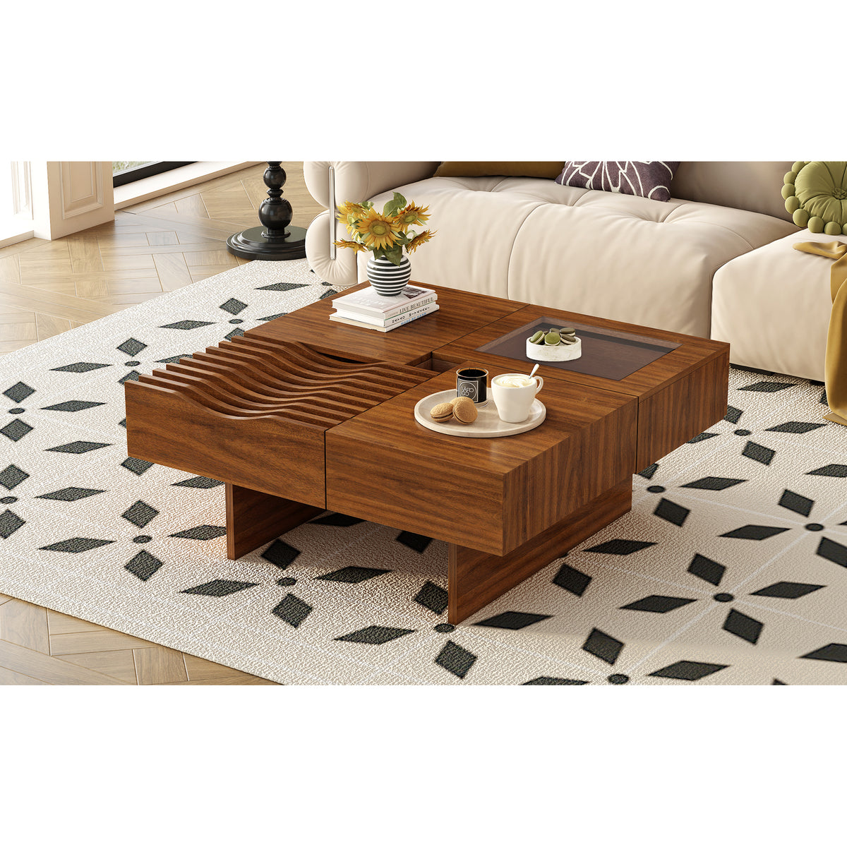 variant-group:rf-n724p270432d|Roomfitters Square Mid-Century Coffee Table with Glass Top and 3 Storage Compartments, Solid Wood Legs, Brown