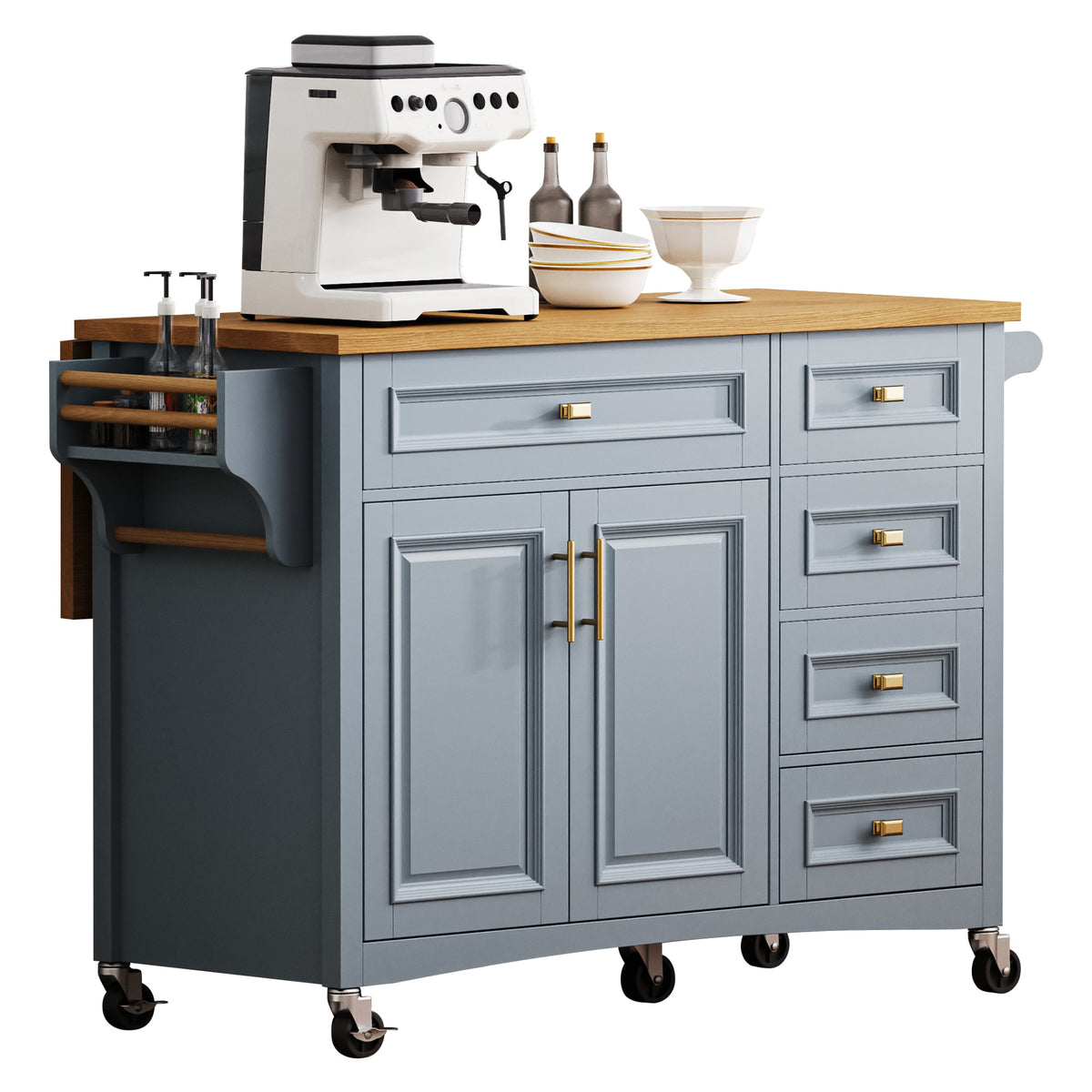 variant-group:rf-n707p195393g|Roomfitters 52" Kitchen Island with Drop Leaf, Rolling Kitchen Cart with Storage Cabinet, Spice Rack, Towel Rack, Adjustable Shelf, Blue Grey