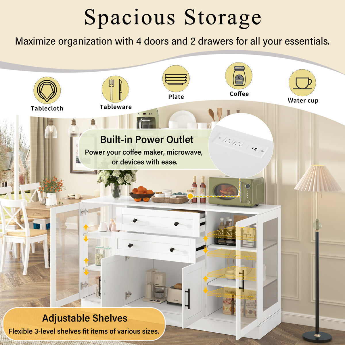 variant-group:rf-n711p437648k|Roomfitters Contemporary White Melamine MDF Buffet Sideboard Storage Cabinet Acrylic Doors Dining Room Kitchen Console