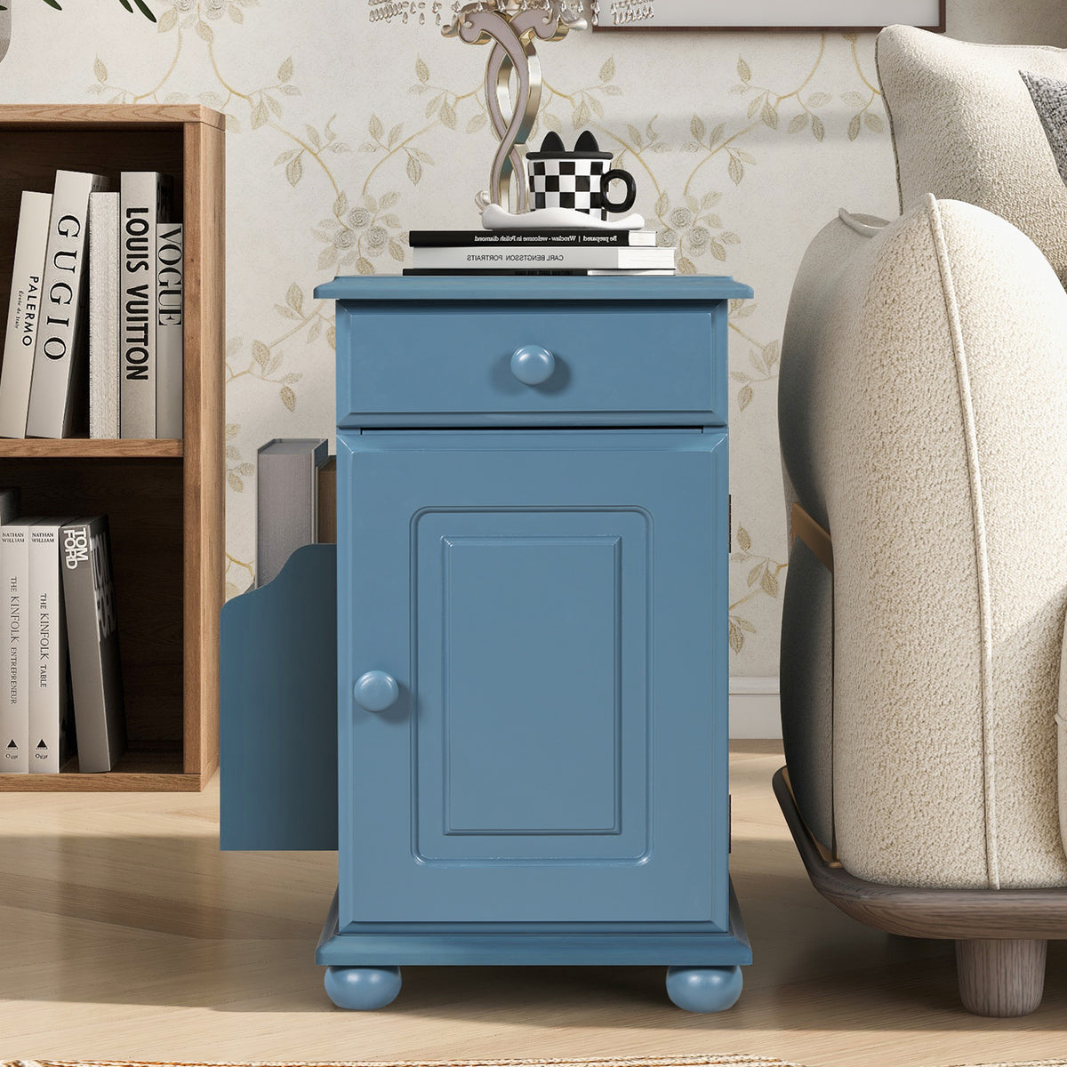 variant-group:rf-n724p293133m|Roomfitters Vintage Sofa Side Table with USB Ports, Flip Top, Cup Holders and Bookshelf Storage for Small Spaces, Navy Blue