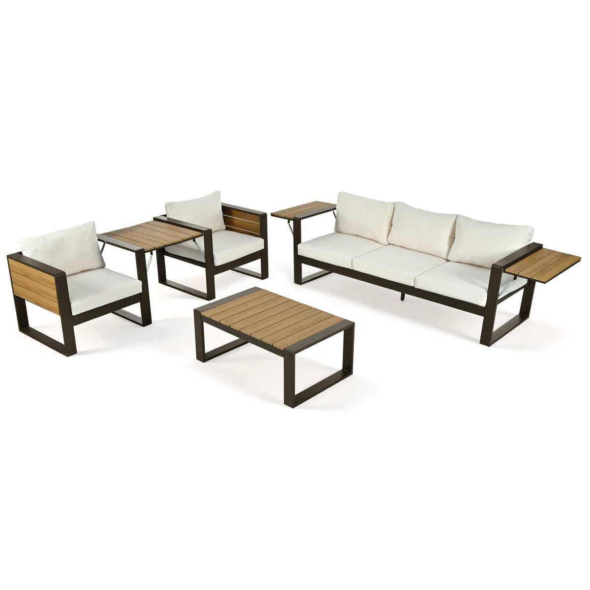variant-group:rf-n704g201257a|Roomfitters 4-Piece Aluminum Patio Conversation Set with Four Fold-Out Side Trays and Slatted Coffee Table Beige