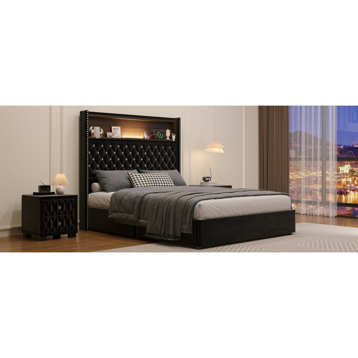 variant-group:rf-n733p368653b|Roomfitters Full Velvet Tufted Platform Bed with Charging Ports, Tall Wingback Headboard with Rivet Trim and Shelf, Black