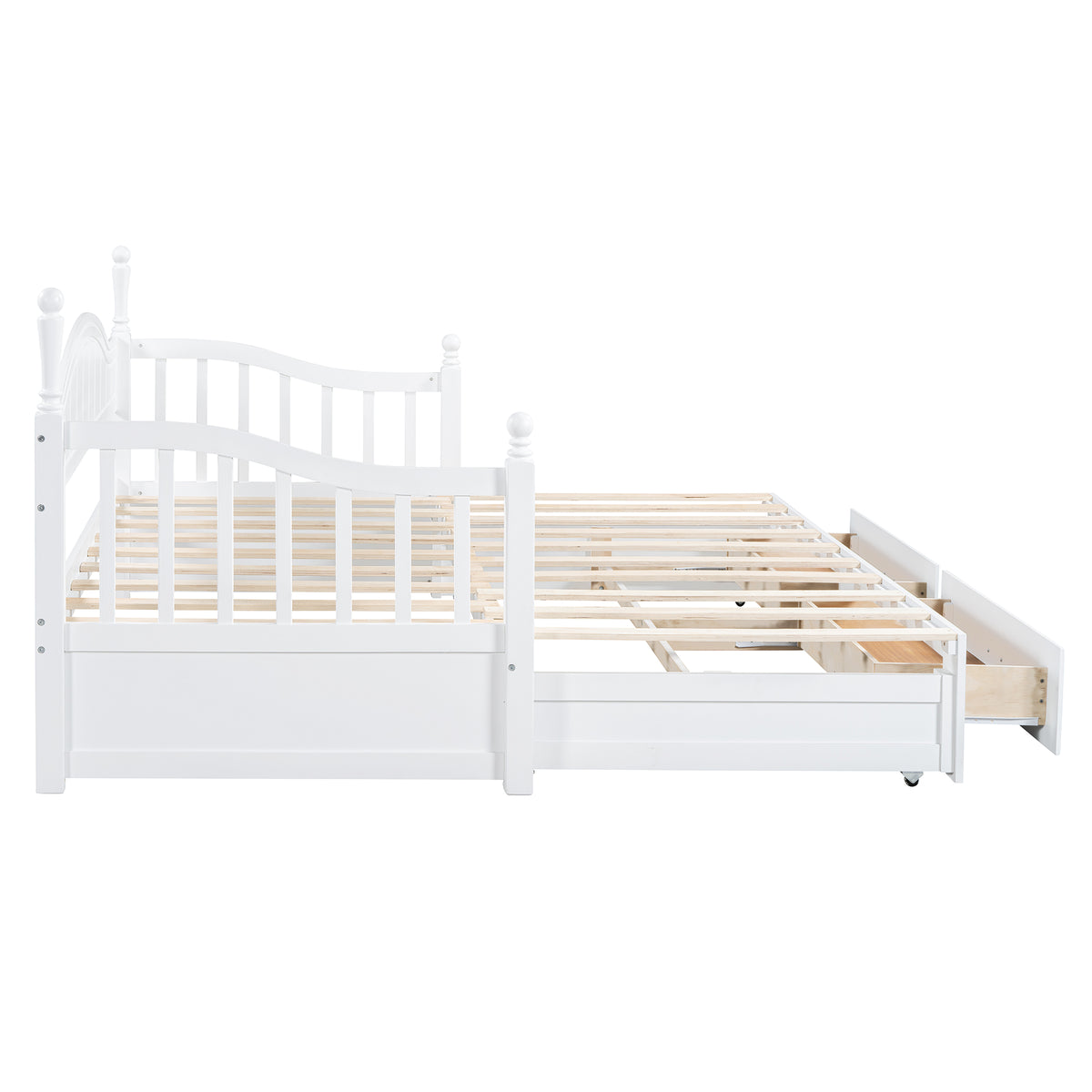 variant-group:rf-n733s173459k|Roomfitters Wooden Twin Size Daybed with Extendable Frame, Twin Trundle and Additional Storage Drawers, White