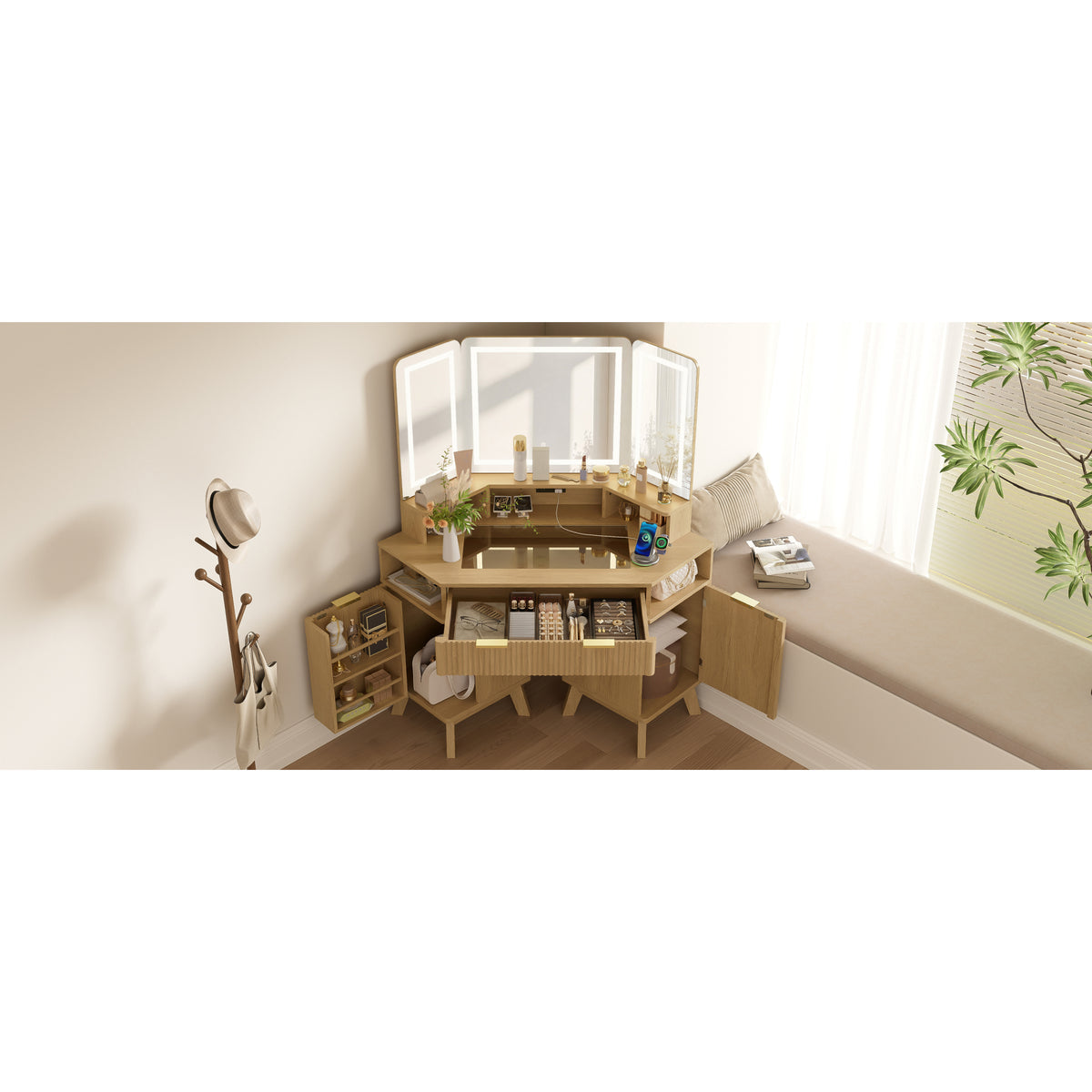 variant-group:rf-n704p392485n|Roomfitters 47.2" Corner Makeup Vanity Desk with 3-Panel LED Mirror, Glass Top, Charging Station and Storage Hutch, Oak