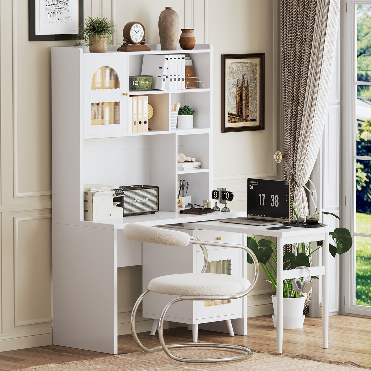 variant-group:rf-n733s363716k|Roomfitters Rotating L-Shaped Computer Desk with Shelves and Storage, 90° Swivel Office Writing Desk, White