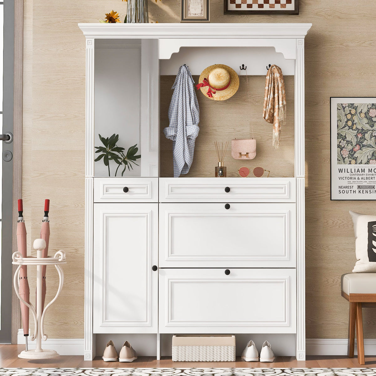 Roomfitters Hall Tree with Shoe Cabinet and Mirrored Door, 4 Hooks and Bench Storage Organizer, White Roomfitters