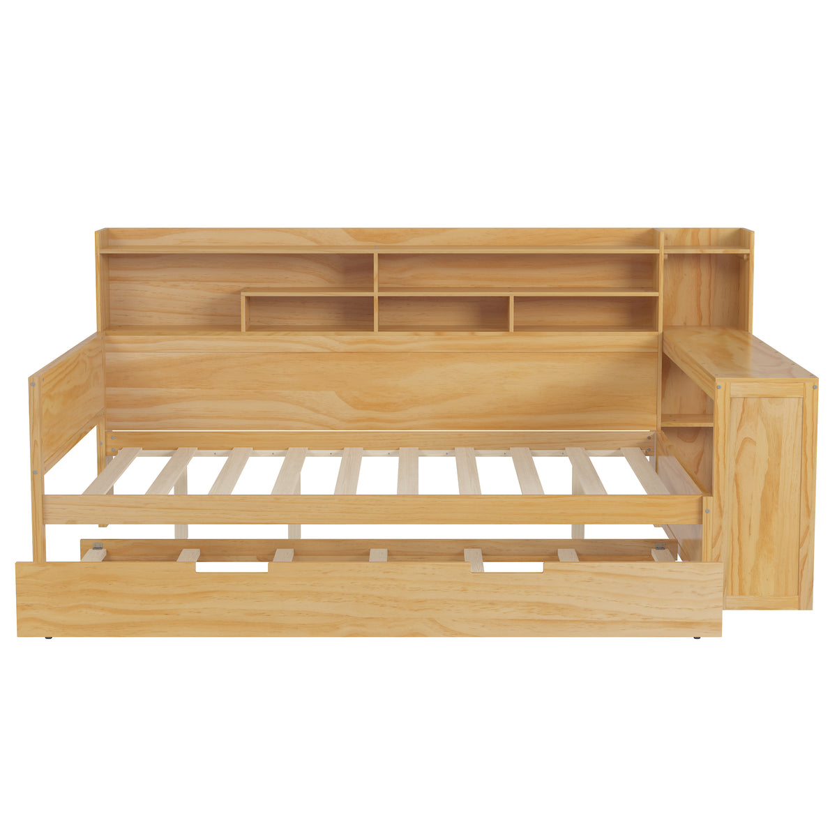 variant-group:rf-n733s373391m|Roomfitters Full Daybed with Twin Trundle, Storage Shelves and Desk, Wooden Multi-Functional Bed, Natural