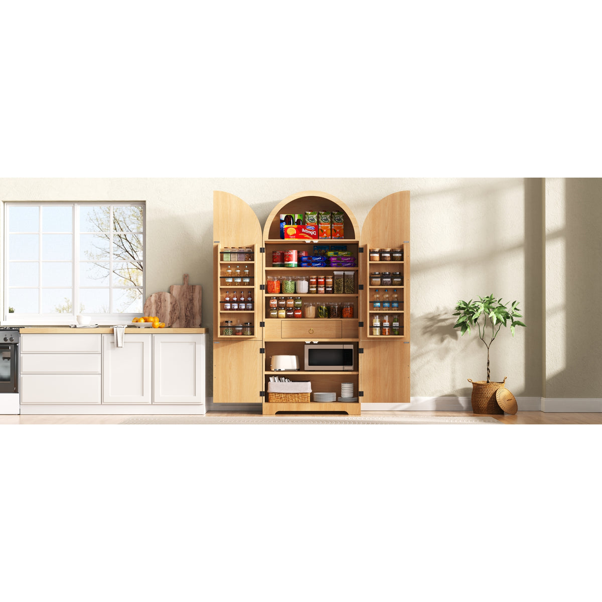 variant-group:rf-n707s000020y|Roomfitters 72" Tall Arched Kitchen Pantry Cabinet with Fluted Doors & Hidden Drawer, Natural