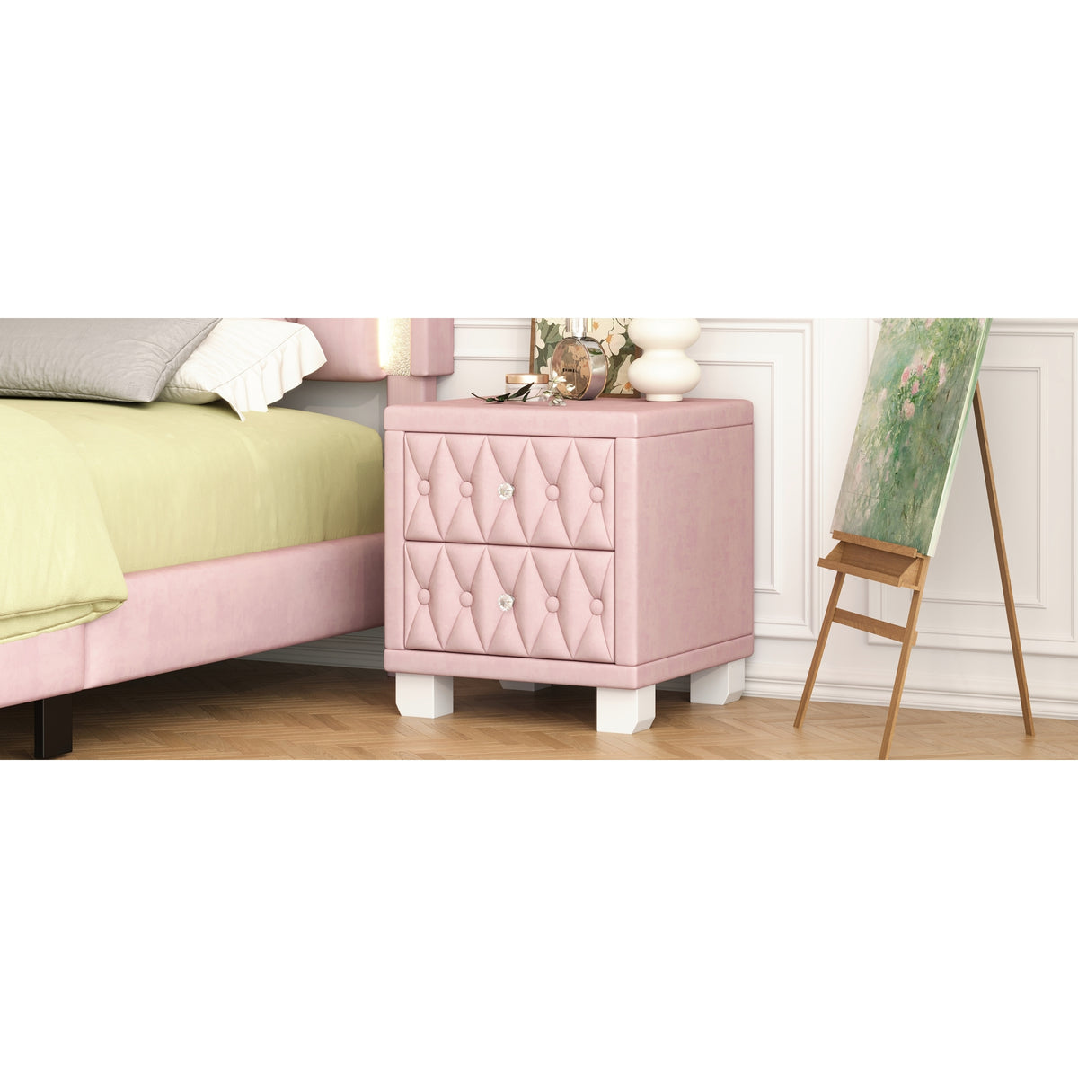 variant-group:rf-n733p210398h|Roomfitters Velvet Nightstand with Crystal Handles, Button-Tufted Upholstered Bedside Table with Two Storage Compartments, Pink