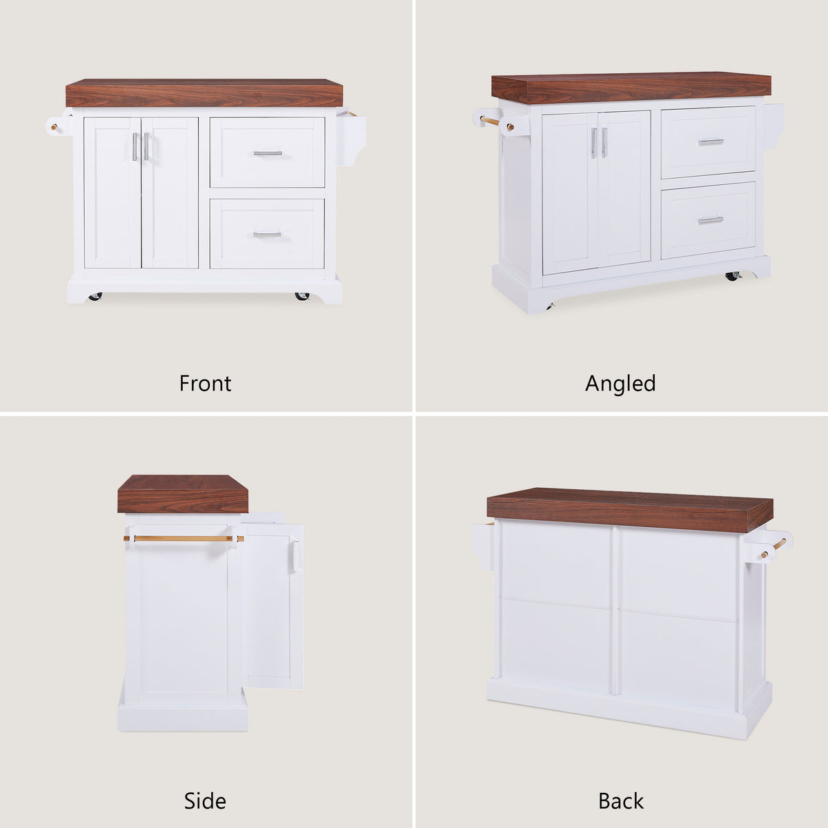 variant-group:rf-n707s000025w|Roomfitters 53" Kitchen Island with Butcher Block Top, Storage Cabinet with Drawers, Spice Rack and Towel Holder, White