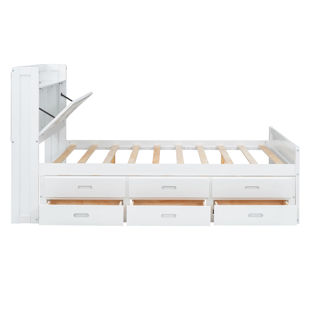 variant-group:rf-n733s172712k|Roomfitters Full Size Wooden Bed with Storage Headboard, Integrated Outlets, Extendable Frame with Twin Trundle and Additional Storage, White