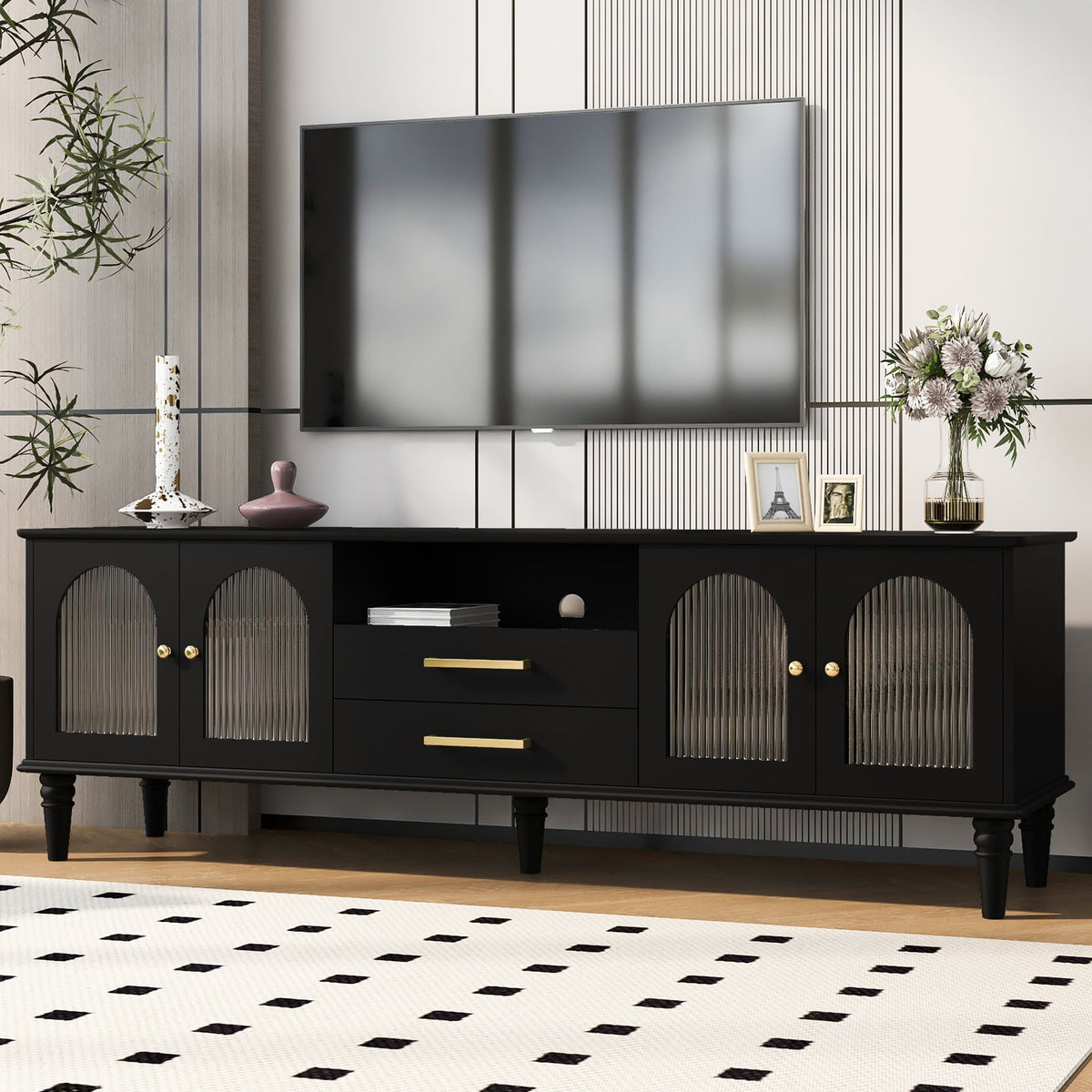 Roomfitters Retro TV Stand for up to 75 Inch TV, Fluted Glass Door Media Console with Five Wood Legs, Black Roomfitters
