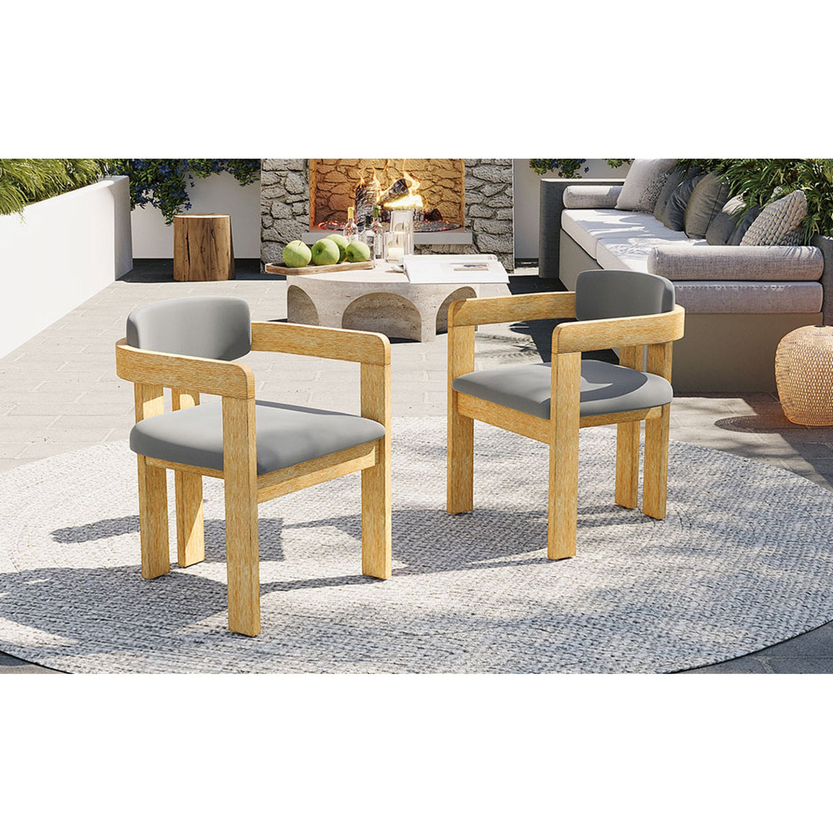 Roomfitters Set of 2 Outdoor Acacia Wood Dining Chairs with Fixed Ergonomic Wraparound Backrest Gray Cushions Roomfitters