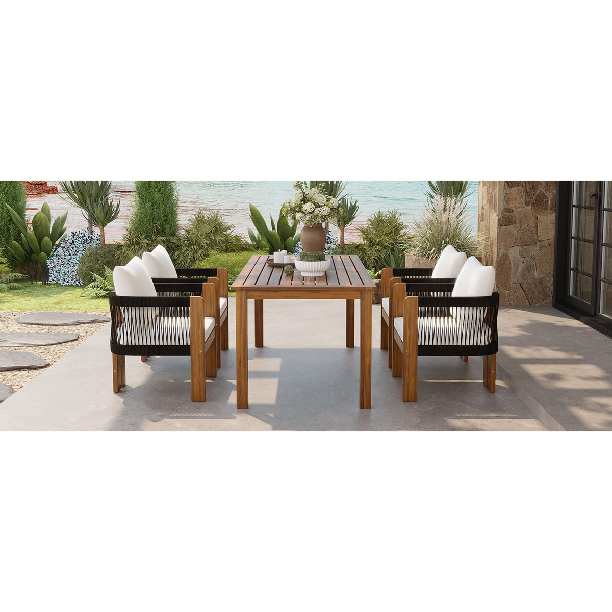 variant-group:rf-n711wy000496aab|Roomfitters 5-Piece Rope Woven Outdoor Dining Set, Farmhouse Solid Acacia Table, 4 Chairs Pack, Black and Brown