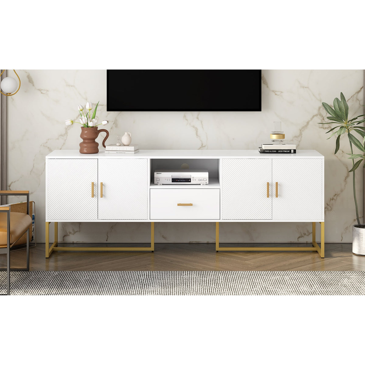 Roomfitters Modern TV Stand for up to 70 Inch TV, Media Cabinet with Drawer, Metal Legs and Safety Features, White Roomfitters