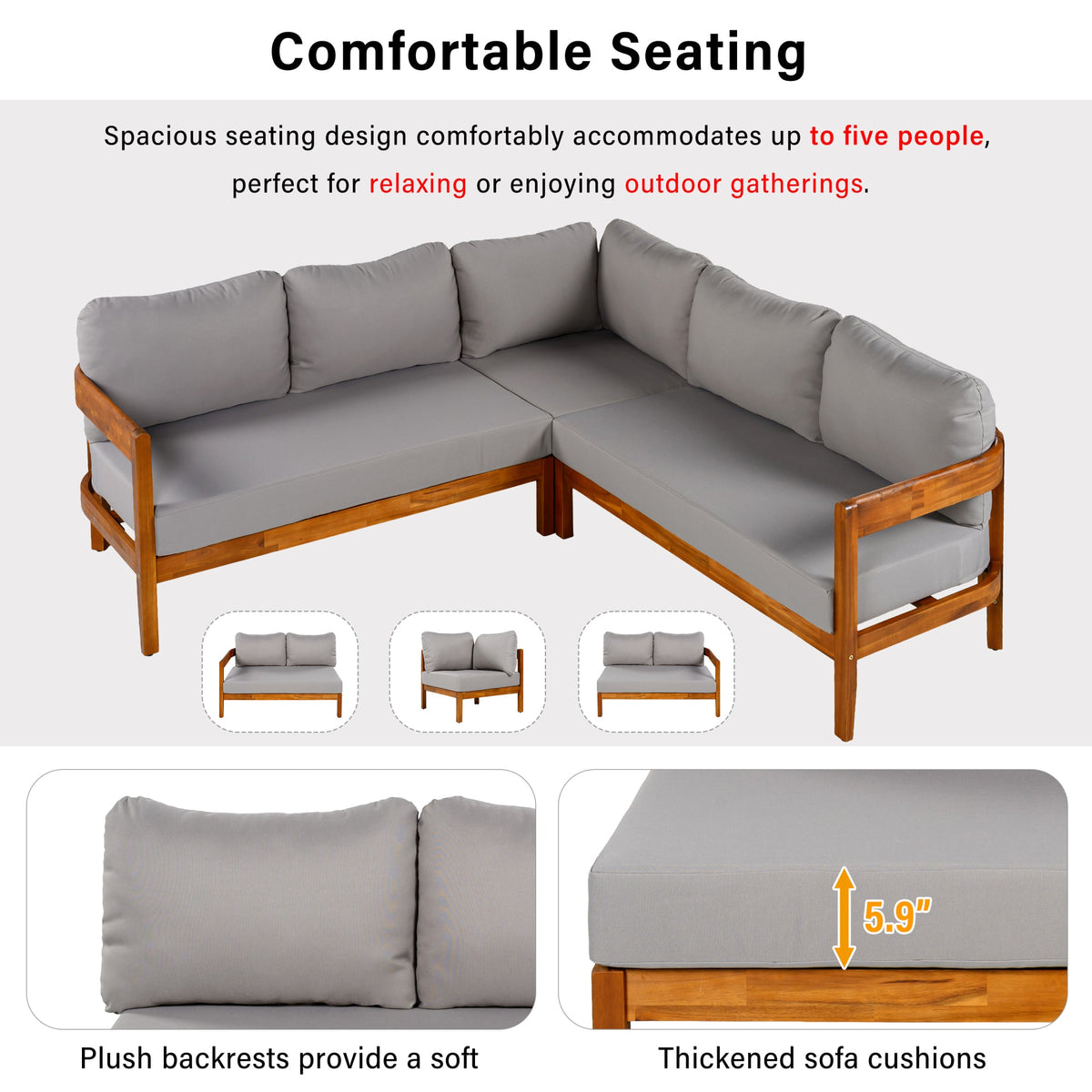 Roomfitters Modern Contemporary Slate Grey Solid Acacia Wood L-Shaped Outdoor Patio Sectional Sofa Conversation Seating Set Roomfitters