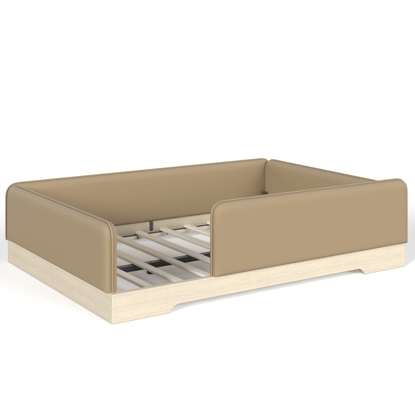 variant-group:rf-w1580s00670|Roomfitters Full Size Upholstered Floor Bed Frame with Removable Guardrails, Faux Leather Low Profile Platform, Brown
