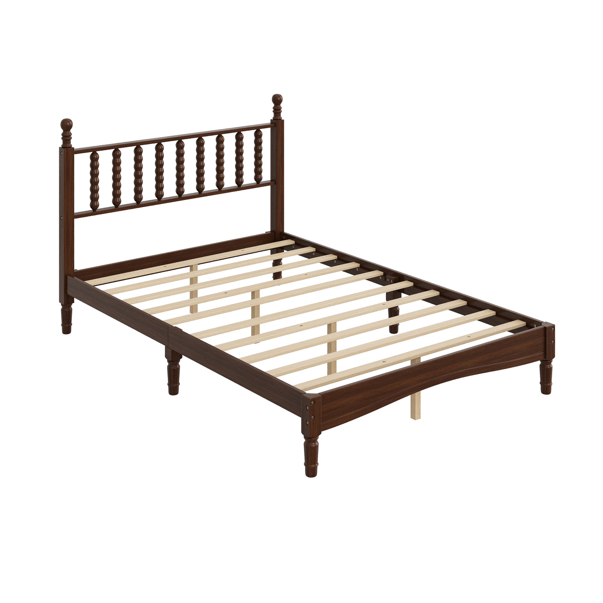 variant-group:rf-n733p338317d|Roomfitters Full Wood Platform Bed, Retro Gourd Spindle Headboard with Solid Slat Support, Walnut
