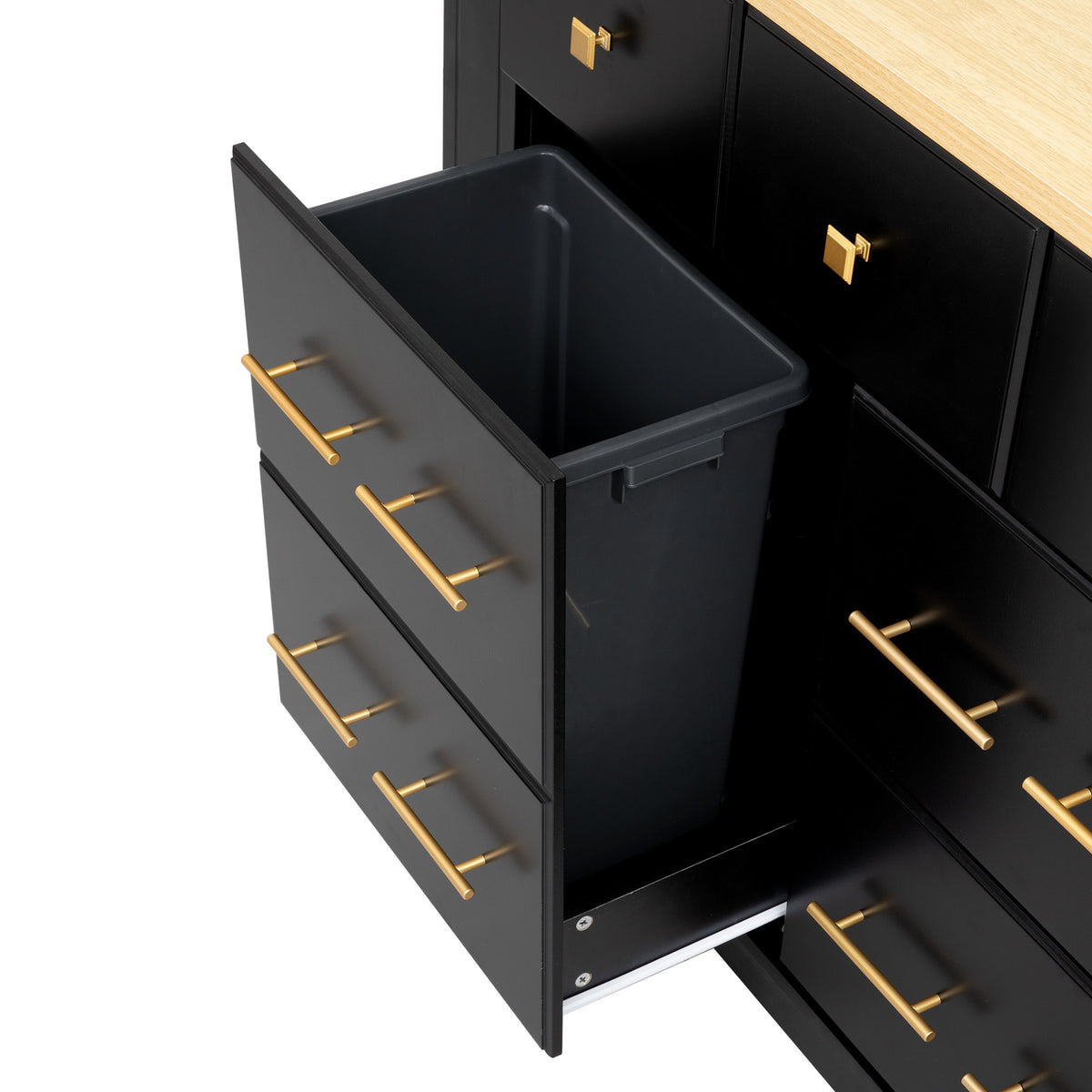 variant-group:rf-n707s307292b|Roomfitters 51" Kitchen Island with Power Outlet and Drop Leaf, Rolling Cabinet with Pull-Out Trash Can Drawer, Black