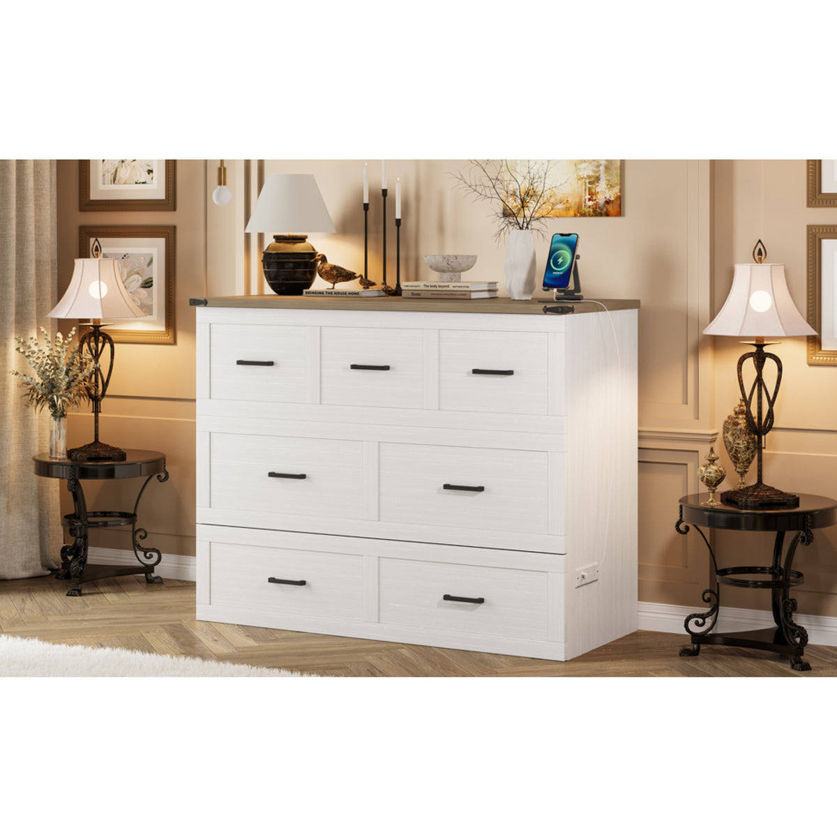 variant-group:rf-n733s293995w|Roomfitters Full Size Murphy Bed Cabinet with Charging Station, Foldable Platform Bed with Storage Drawer, White