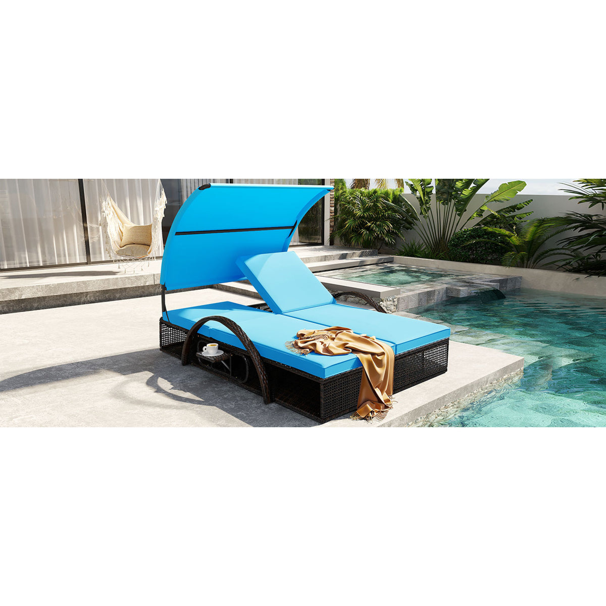 variant-group:rf-n711wy000485aac|Roomfitters Blue HDPE Wicker Outdoor Double Sunbed, Steel Frame Patio Chaise, Hidden Side Tables, Canopy Shade