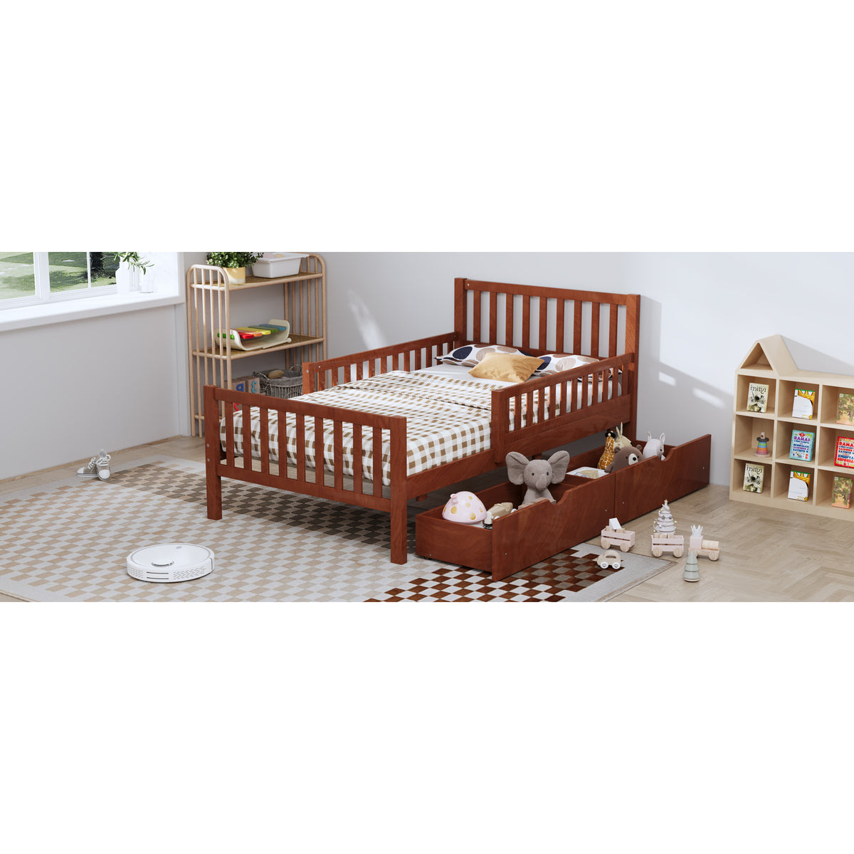 variant-group:rf-n733p172696d|Roomfitters Twin Size Wood Platform Bed with Guardrails and 2 Storage Drawers, Walnut