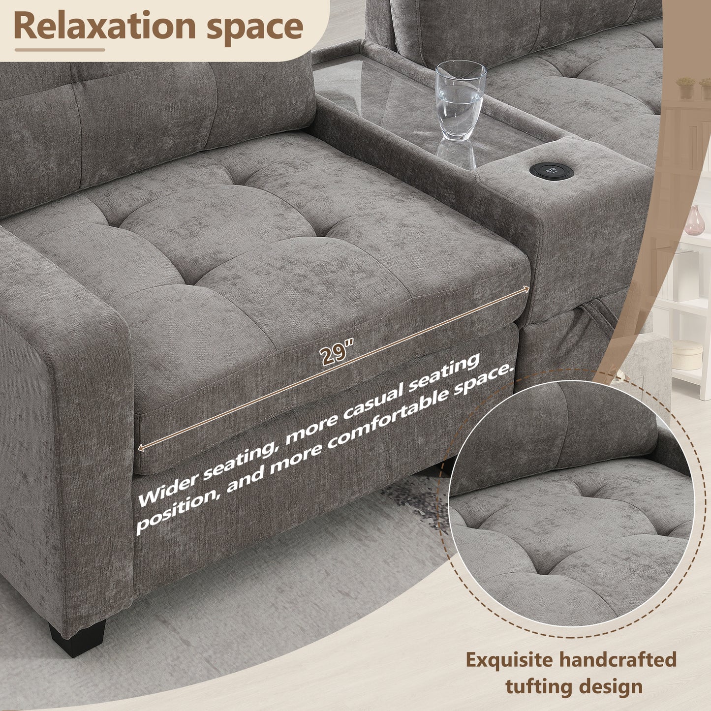 variant-group:rf-n723s1191e|Roomfitters 104 Inch Modular Sectional Sofa with Console and Cup Holders, Upholstered L-Shape Couch for Home Decor, Gray