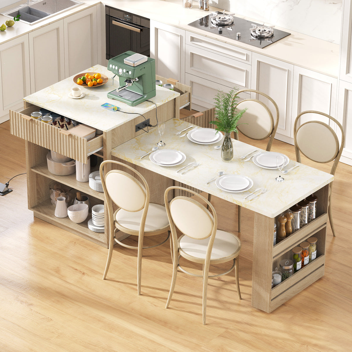 variant-group:rf-n707s000018y|Roomfitters 82.6" Fluted Kitchen Island with 51" Extendable Dining Table for 4-6, Power Outlet, Natural