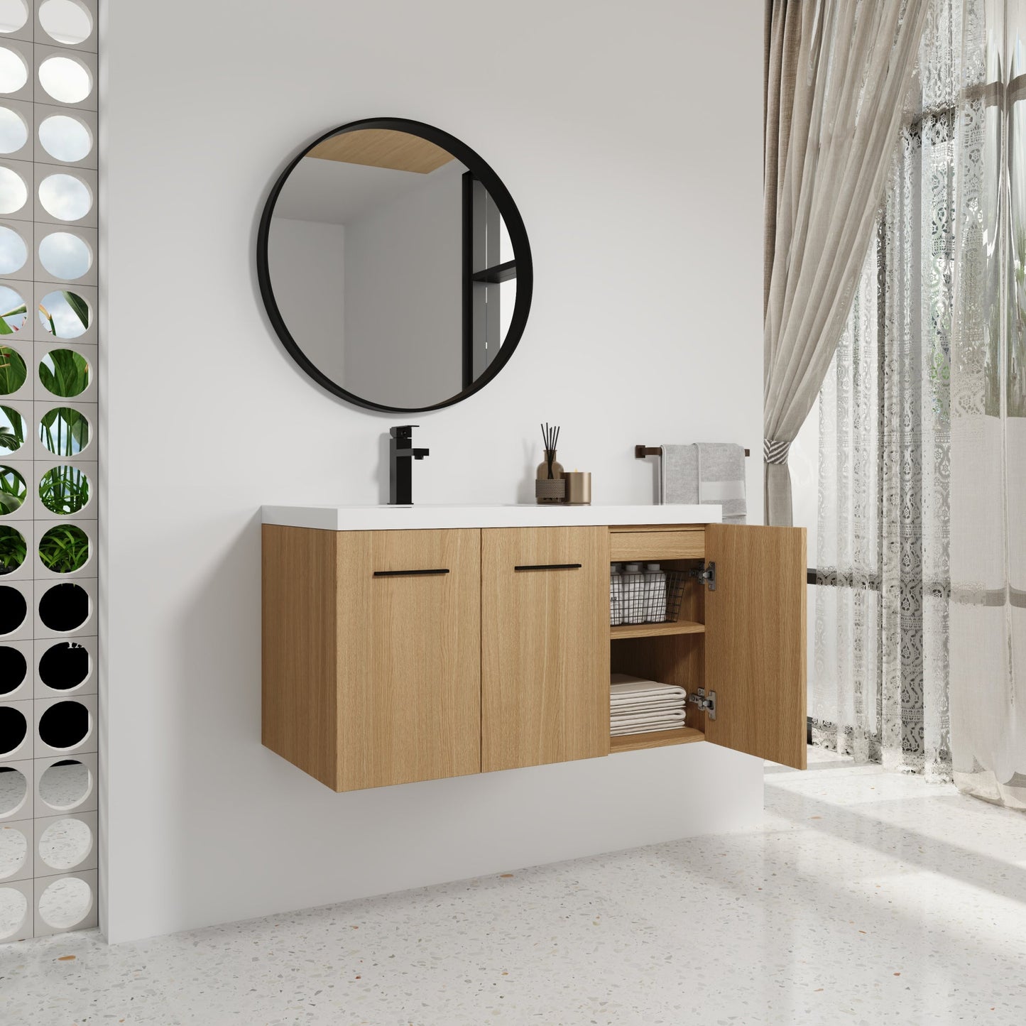 36" Wall-Mounted Floating Bathroom Vanity with Sink, Light Oak, 3-Door Modular Cabinet (2-Door + 1-Door), Gel Coat Integrated Sink Top, 3 Boxes, Ready-to-Assemble Roomfitters