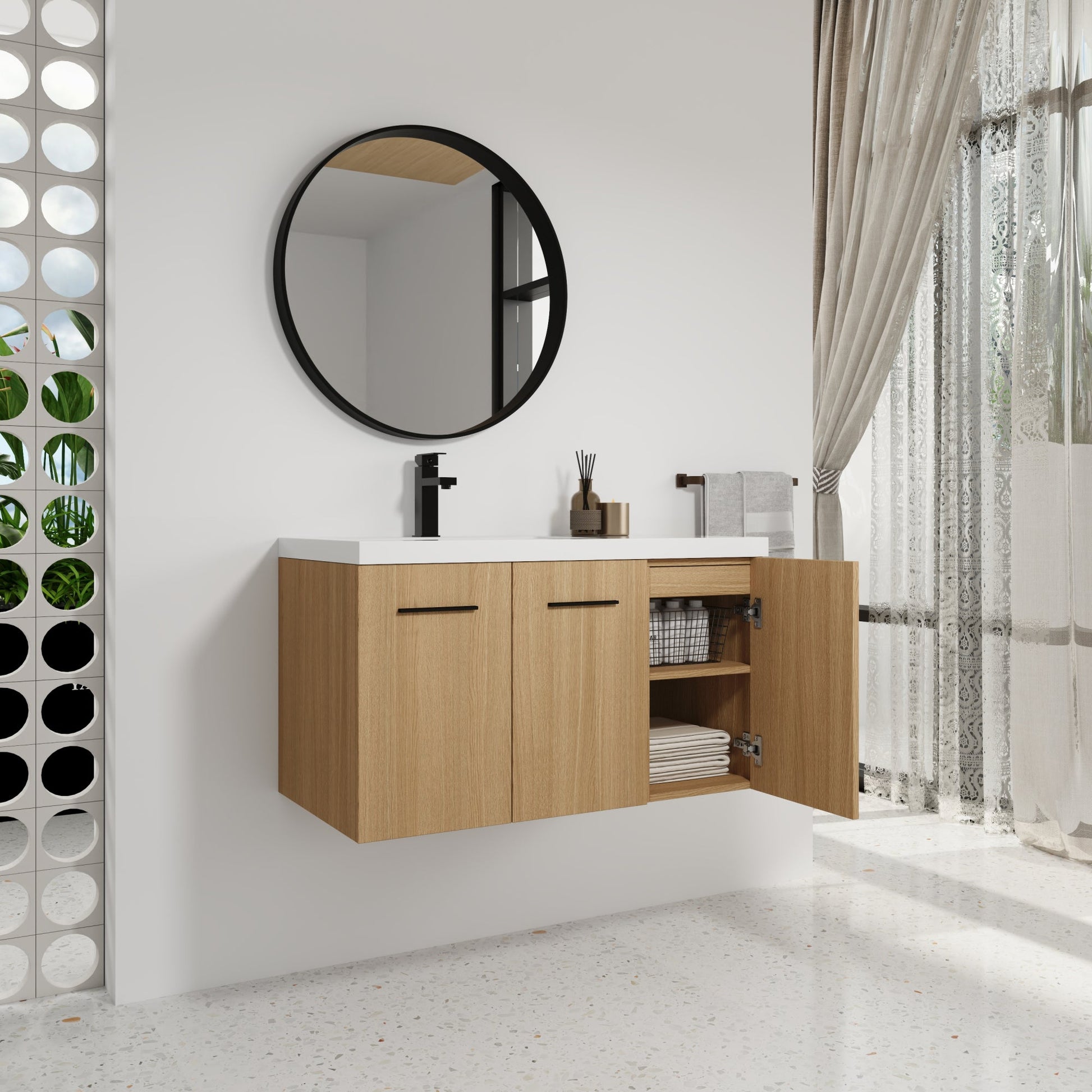 36" Wall-Mounted Floating Bathroom Vanity with Sink, Light Oak, 3-Door Modular Cabinet (2-Door + 1-Door), Gel Coat Integrated Sink Top, 3 Boxes, Ready-to-Assemble Roomfitters
