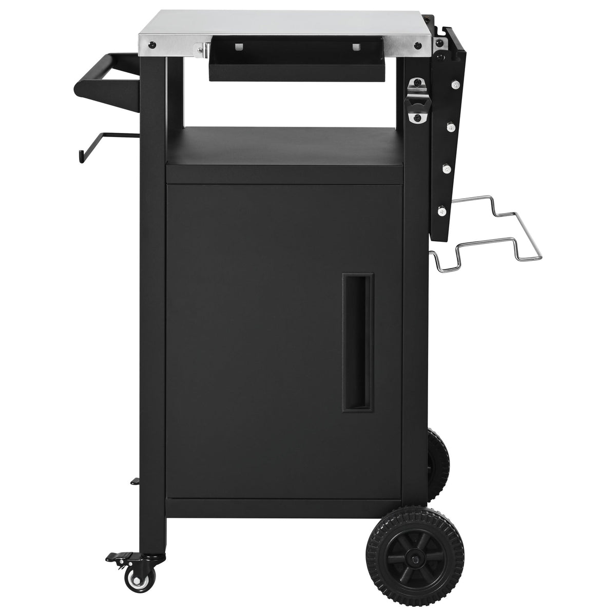 Roomfitters 33.9" Grill Cart with Stainless Steel Top, BBQ Prep Station with Spice Rack and Hamper Bag, Rolling Cart, Black