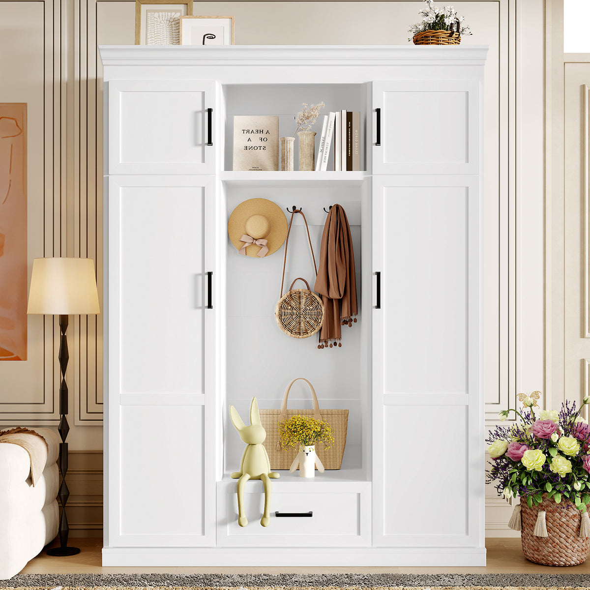 variant-group:rf-n724sj000140aak|Roomfitters 85.2" Hall Tree with Bench, 3 Hooks, 4 Doors, 1 Drawer and Adjustable Storage Shelves, White