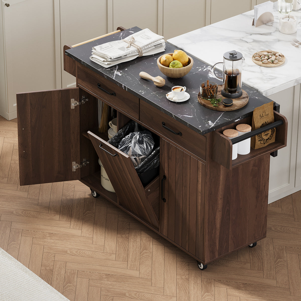 variant-group:rf-n707wf326381aaz|Roomfitters Kitchen Island with Trash Can Storage Cabinet, Grey - Drop Leaf, Spice Rack, Towel Rack, Drawer, Adjustable Shelf, Rolling Island on Wheels, Walnut Brown
