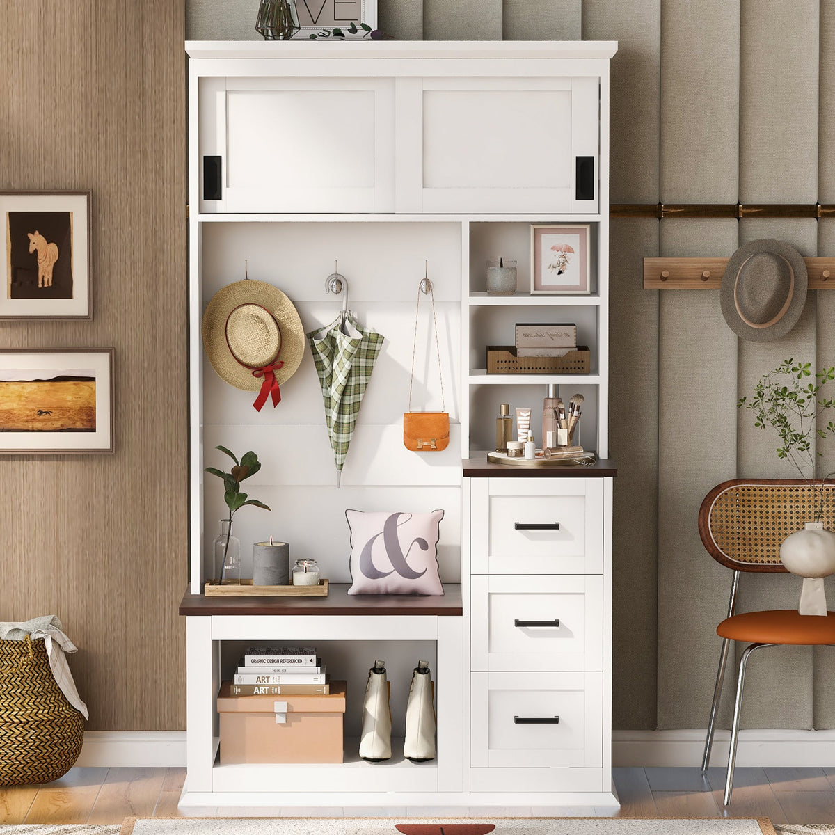 Roomfitters Modern Entryway Bench with Coat Rack, Hooks, Drawers and 3 Shelves, 40.2" Hall Tree, White Roomfitters