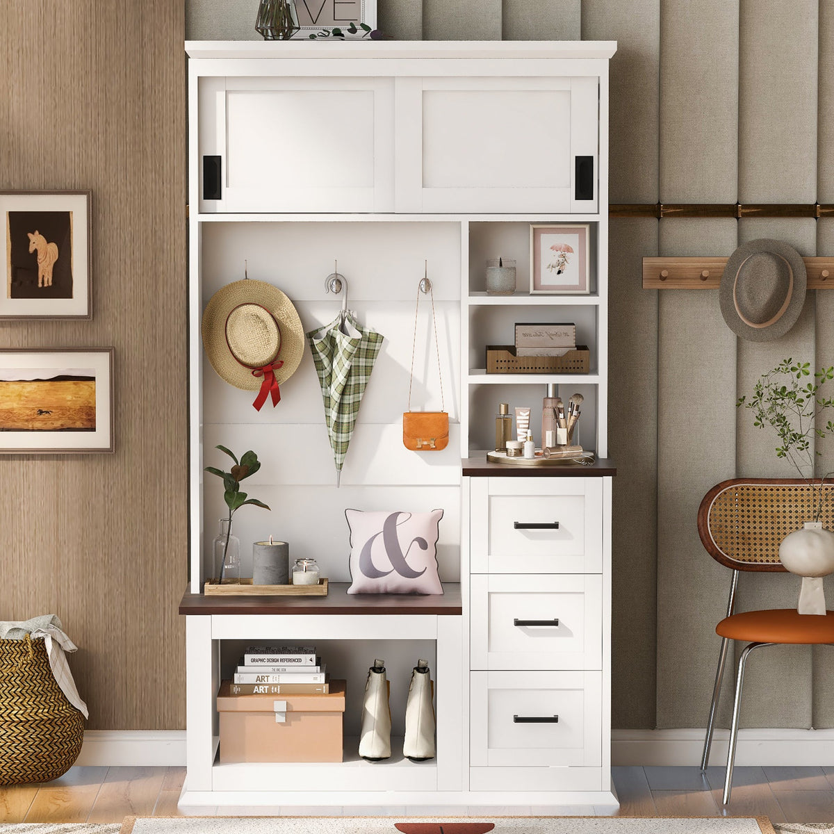 Roomfitters Modern Entryway Hall Tree with Storage Bench, 3 Drawers, White & Walnut Roomfitters