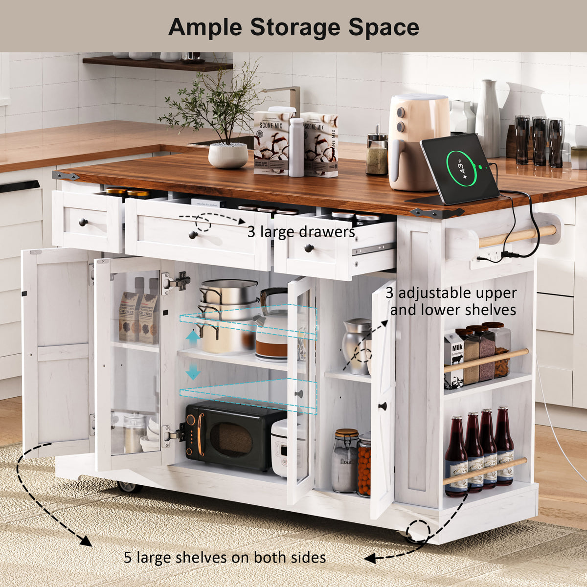 variant-group:rf-n707p263637w|Roomfitters 53" Rolling Kitchen Island with Drop Leaf, Mobile Cart with Glass Doors, 5 Side Shelves & Power Outlets, White