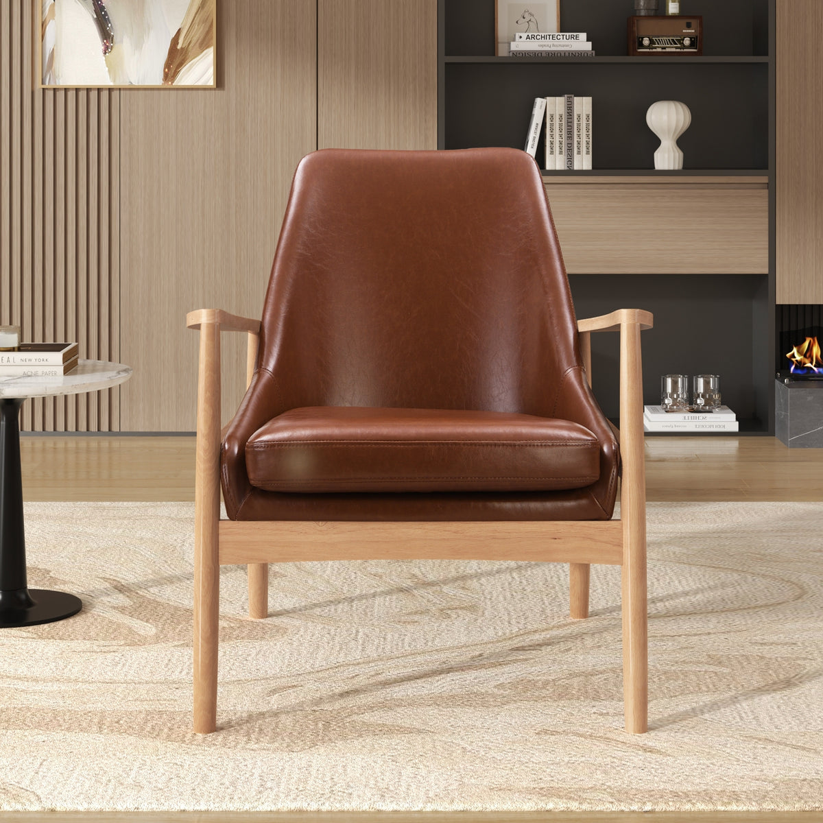variant-group:rf-n724p256555d|Roomfitters PU Leather Mid-Century Accent Chair with Solid Wood Frame and High Backrest, Reading Armchair, Brown