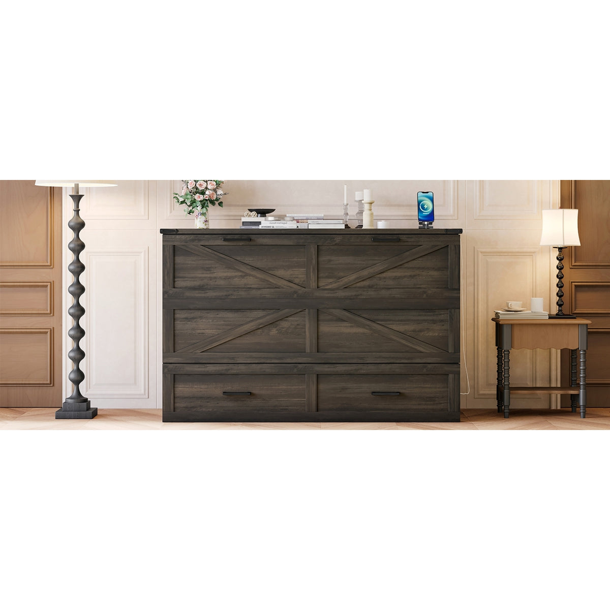 variant-group:rf-n733s361778g|Roomfitters Queen Farmhouse Murphy Cabinet Bed with Charging Station, Foldable Platform Bed with Storage Drawer, Rustic Gray