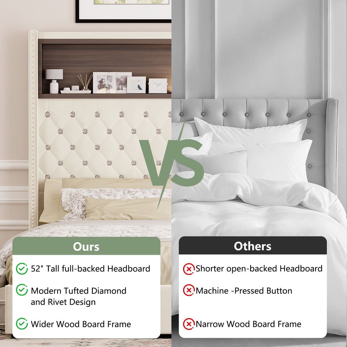variant-group:rf-n733p367135a|Roomfitters Queen Velvet Tufted Platform Bed with Charging Ports, Tall Wingback Headboard with Rivet Trim and Shelf, Beige
