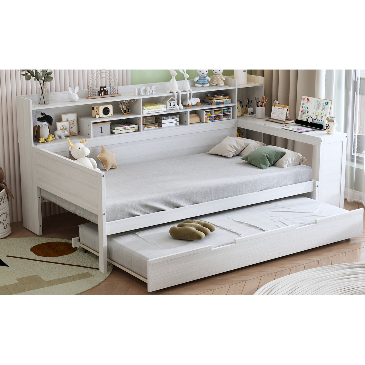 variant-group:rf-n733s373389k|Roomfitters Twin Daybed with Trundle, Storage Shelves and Desk, Wooden Multi-Functional Bed, Antique White