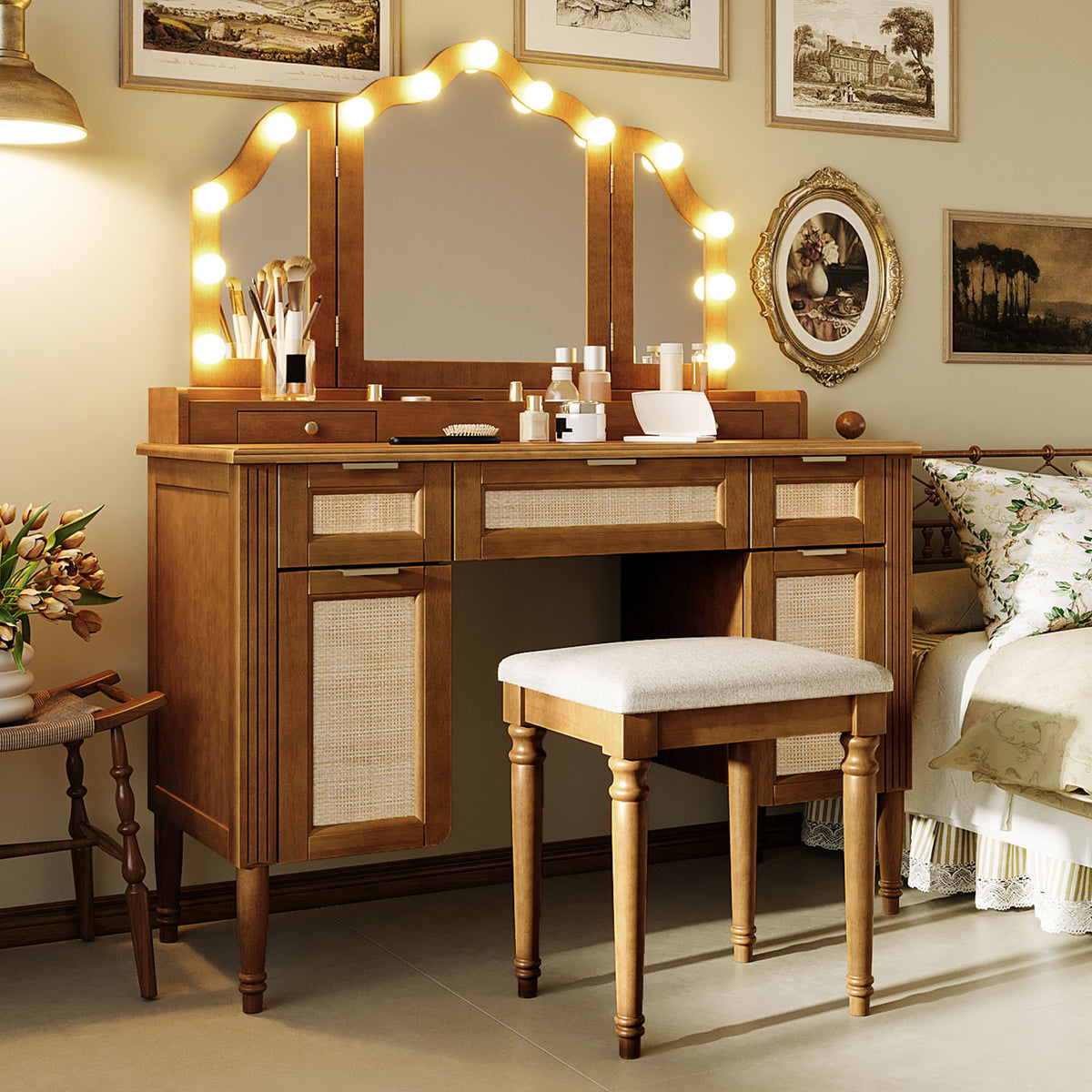 variant-group:rf-n704p342558p|Roomfitters 44-Inch Bohemian Makeup Vanity Desk with 13 Hollywood Bulbs Tri-Fold Mirror and Bamboo Drawers Espresso