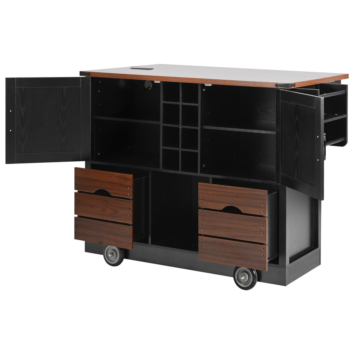variant-group:rf-n707p349814b|Roomfitters 54" Farmhouse Kitchen Island with Drop Leaf, Power Outlet, Wine Rack, 2 Drawers, 2 Doors, Black