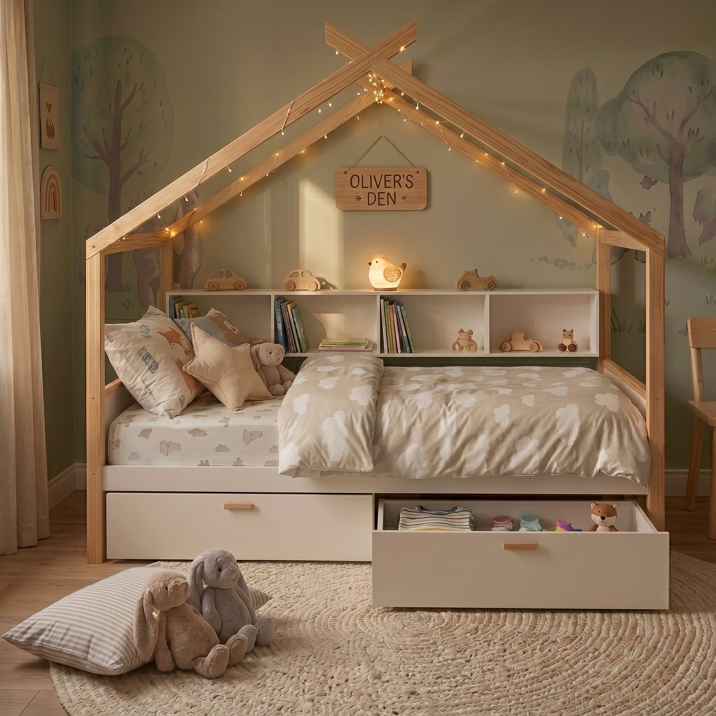 variant-group:rf-n701p443466k|Roomfitters Twin Size Wooden House Bed Frame with 2 Drawers, Bookshelf Storage Furniture, No Box Spring, White Natural